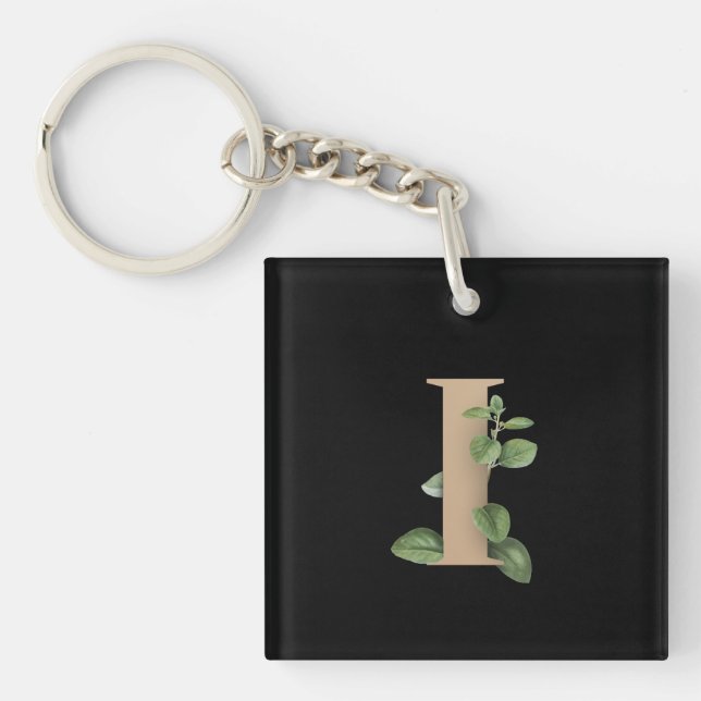 Elegant Botanical Monogram Gold Letter I Keychain (Front)