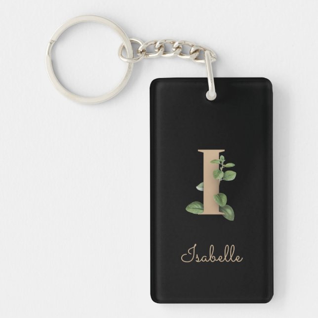 Elegant Botanical Monogram Gold Letter I Keychain (Front)