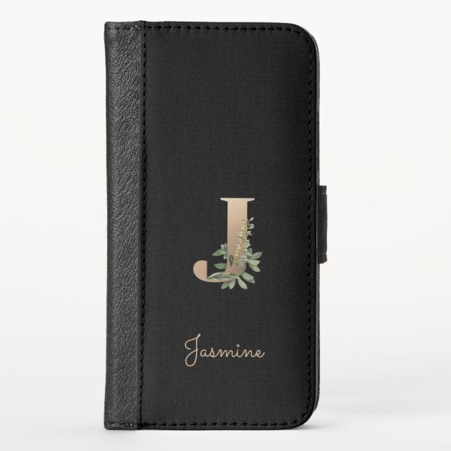 Elegant Botanical Monogram Gold Letter J iPhone Wallet Case (Front)
