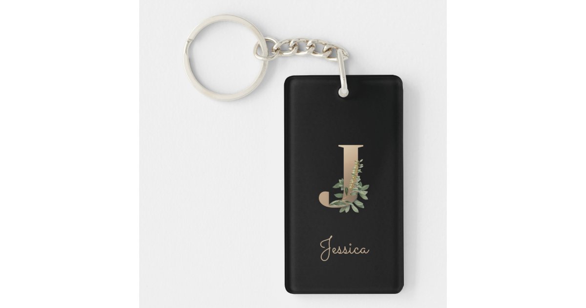 Letter J Floral Monogram Initial Heart Love Metal Keychain Key Chain Ring