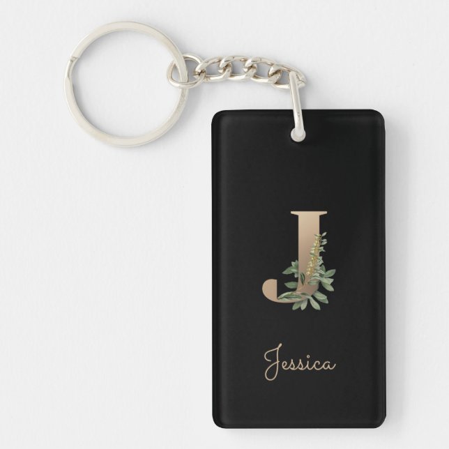 Elegant Botanical Monogram Gold Letter J Keychain (Front)