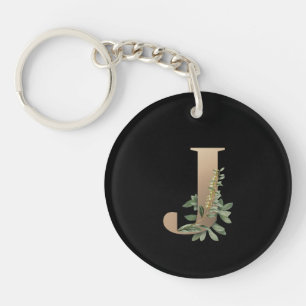 Elegant Botanical Monogram Gold Letter J Keychain