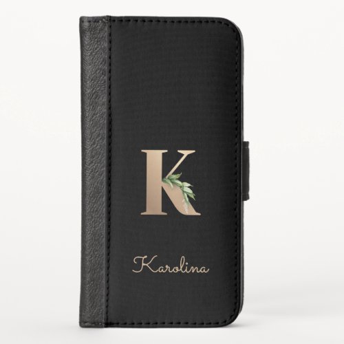 Elegant Botanical Monogram Gold Letter K iPhone X Wallet Case