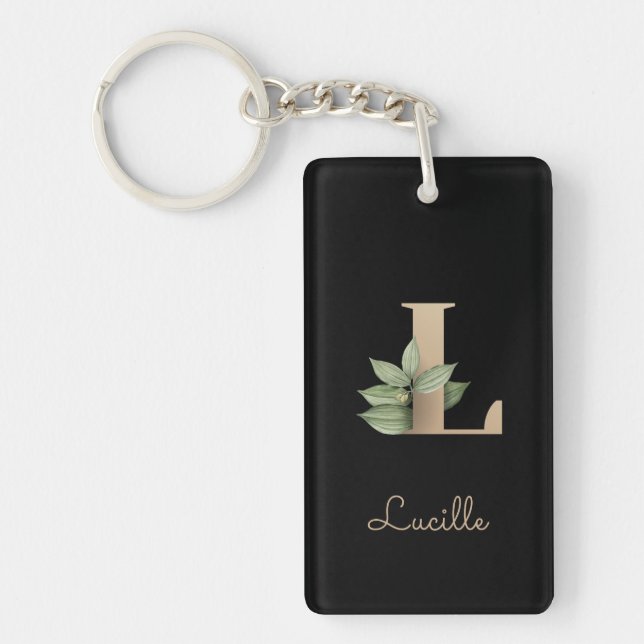 Elegant Botanical Monogram Gold Letter L Keychain (Front)