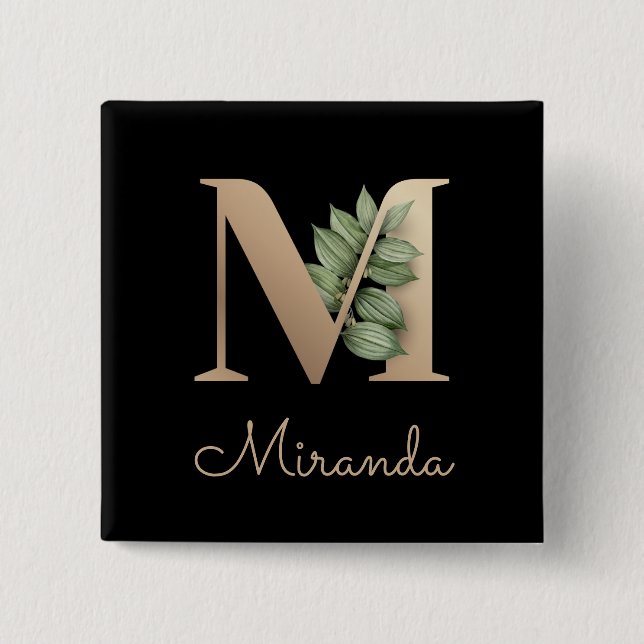 Elegant Botanical Monogram Gold Letter M Button (Front)