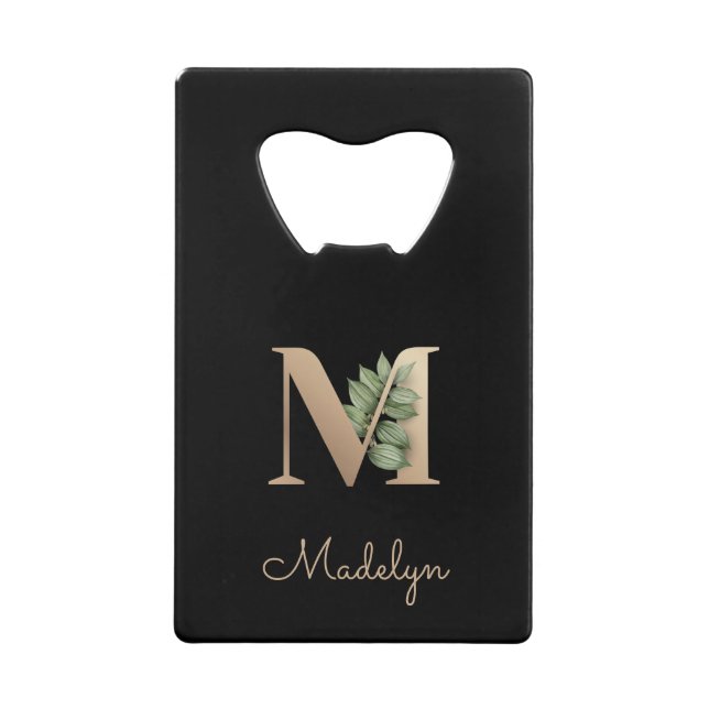 Elegant Botanical Monogram Gold Letter M  Credit Card Bottle Opener (Front)