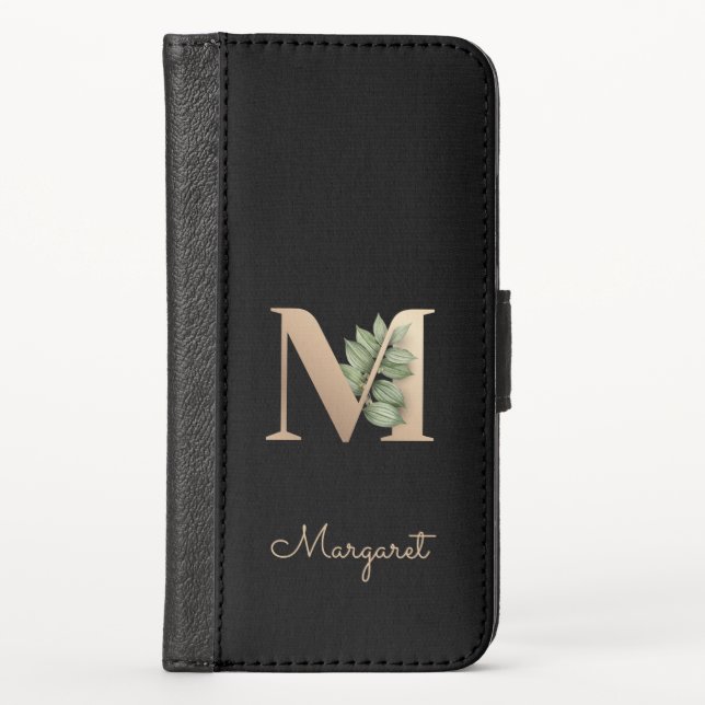 Elegant Botanical Monogram Gold Letter M iPhone Wallet Case (Front)