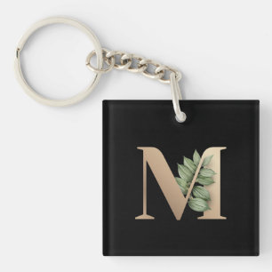 Elegant Botanical Monogram Gold Letter M Keychain
