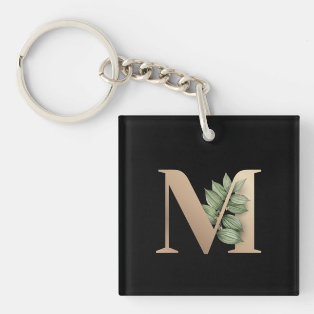 Elegant Botanical Monogram Gold Letter M Keychain (Front)