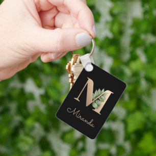 Elegant Botanical Monogram Gold Letter M Keychain