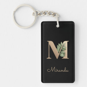 Elegant Botanical Monogram Gold Letter M Keychain