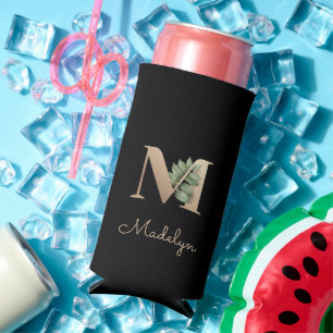 Elegant Botanical Monogram Gold Letter M  Seltzer Can Cooler