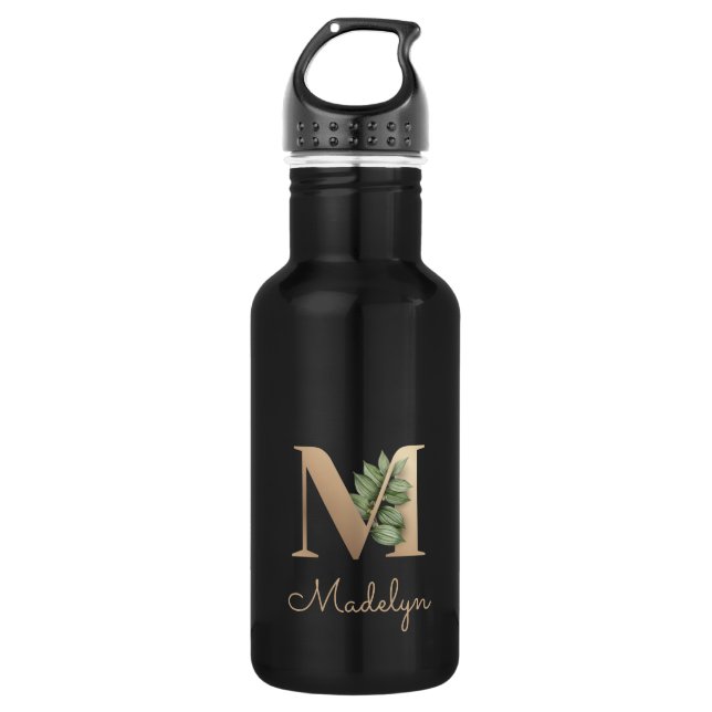 Elegant Botanical Monogram Gold Letter M  Stainless Steel Water Bottle (Front)