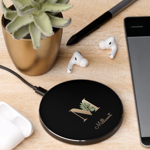 Elegant Botanical Monogram Gold Letter M Wireless Charger