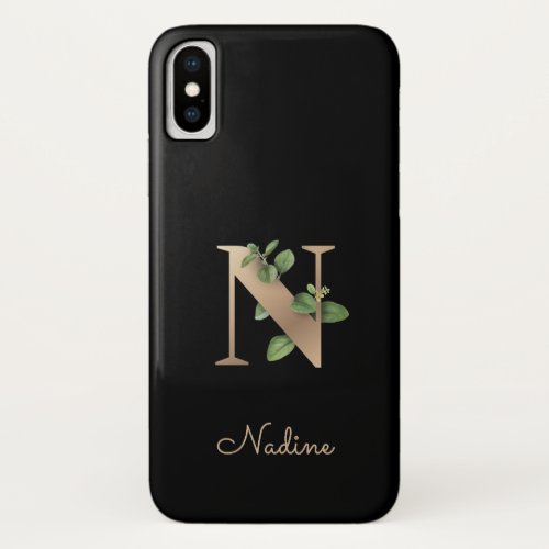 Elegant Botanical Monogram Gold Letter N iPhone X Case