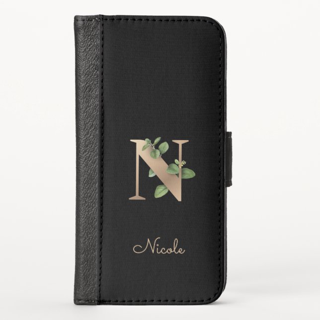 Elegant Botanical Monogram Gold Letter N iPhone Wallet Case (Front)