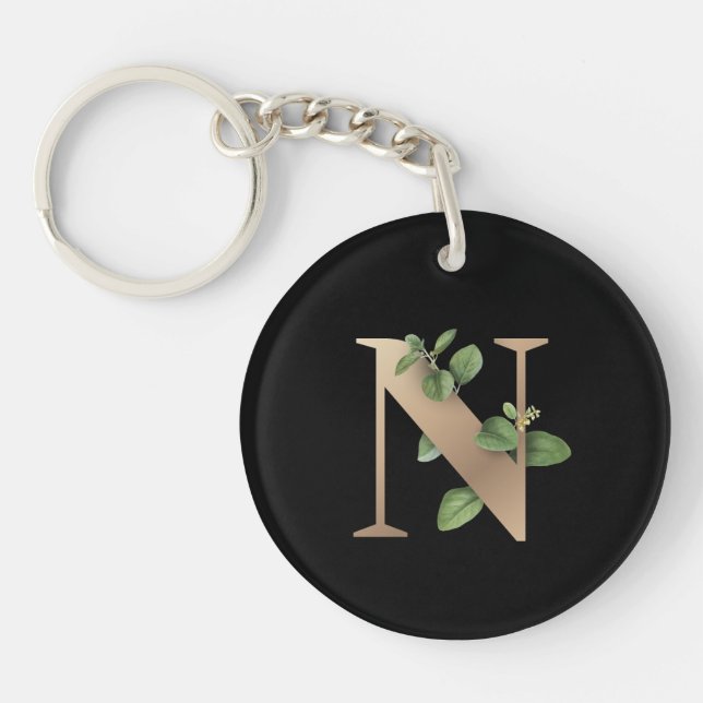 Elegant Botanical Monogram Gold Letter N Keychain (Front)