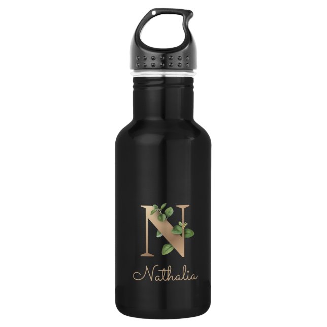 Elegant Botanical Monogram Gold Letter N  Stainless Steel Water Bottle (Front)