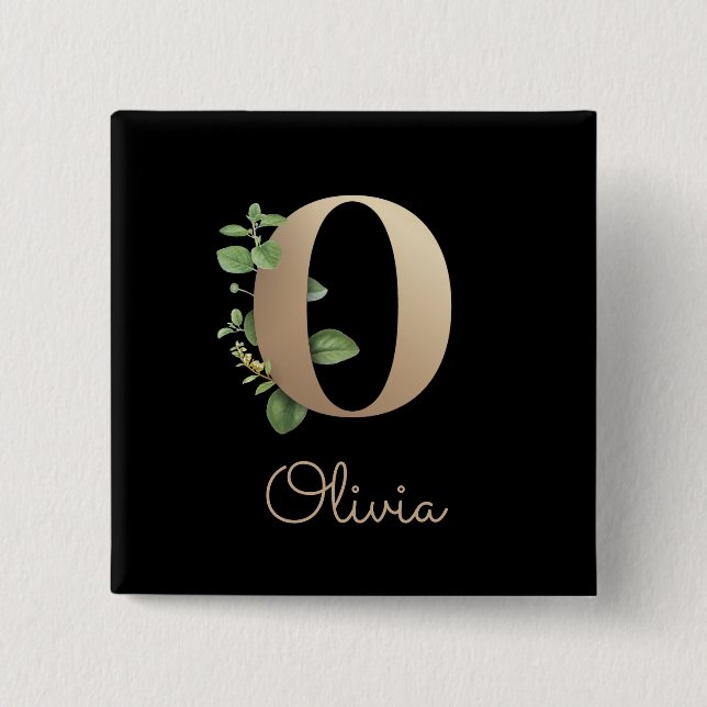 Elegant Botanical Monogram Gold Letter O Button (Front)