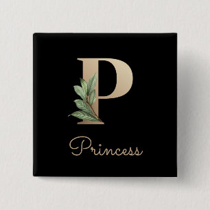 Elegant Botanical Monogram Gold Letter P Button