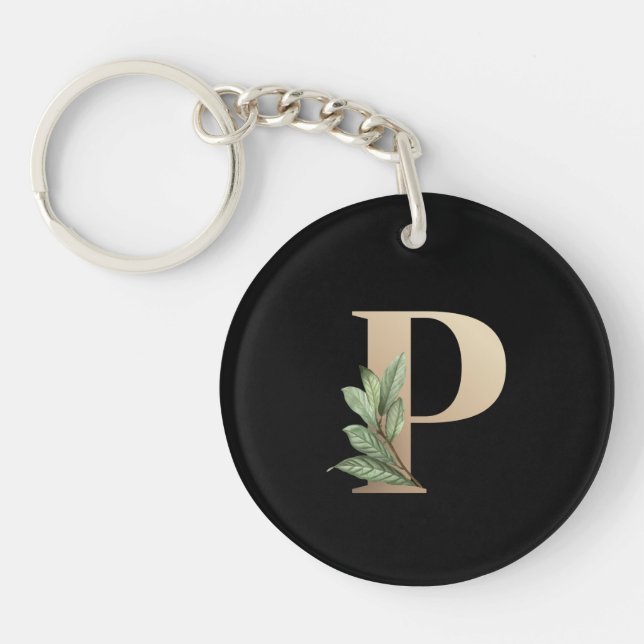 Elegant Botanical Monogram Gold Letter P Keychain (Front)