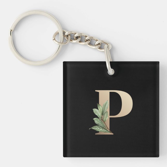 Elegant Botanical Monogram Gold Letter P Keychain (Front)
