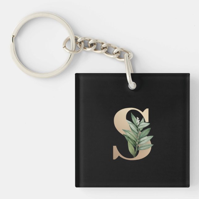 Elegant Botanical Monogram Gold Letter S Keychain (Front)