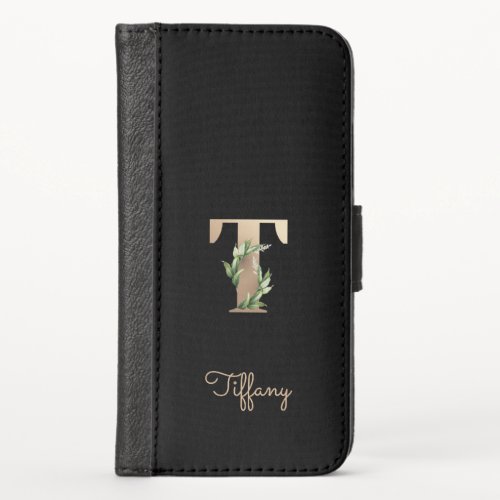 Elegant Botanical Monogram Gold Letter T iPhone X Wallet Case