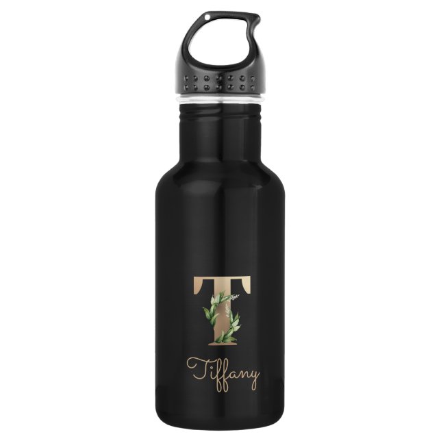 Elegant Botanical Monogram Gold Letter T  Stainless Steel Water Bottle (Front)