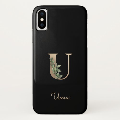 Elegant Botanical Monogram Gold Letter U iPhone X Case