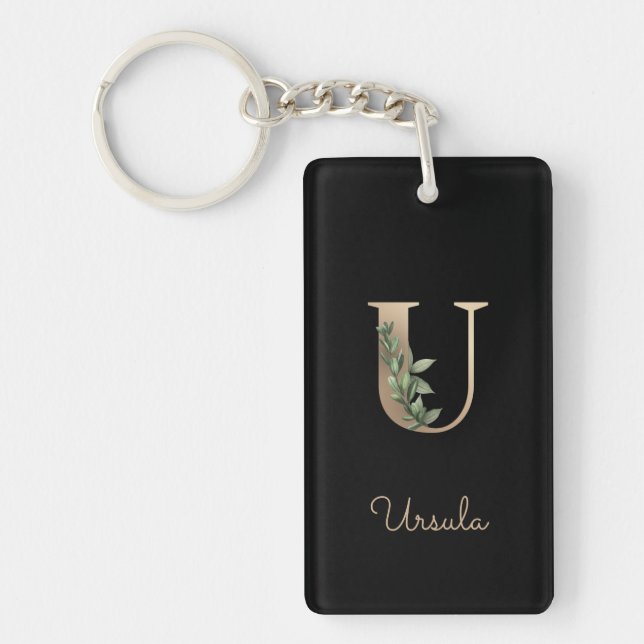 Elegant Botanical Monogram Gold Letter U Keychain (Front)