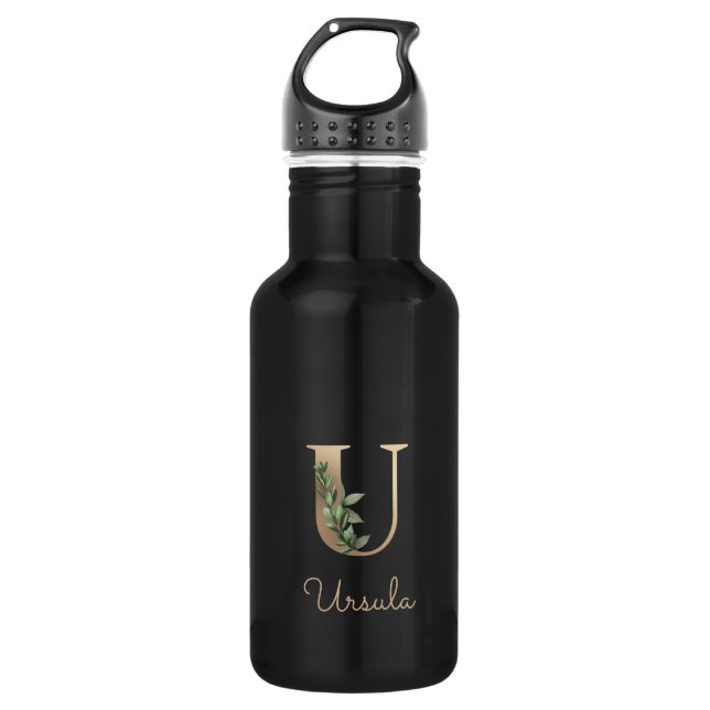 Elegant Botanical Monogram Gold Letter U  Stainless Steel Water Bottle (Front)