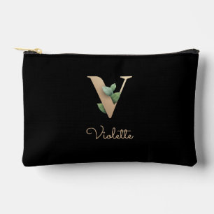 Elegant Botanical Monogram Gold Letter V Accessory Pouch