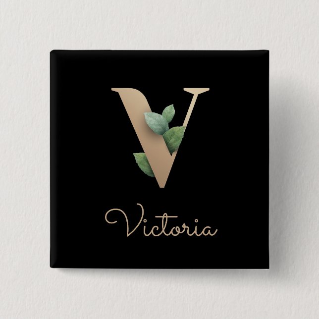 Elegant Botanical Monogram Gold Letter V Button (Front)