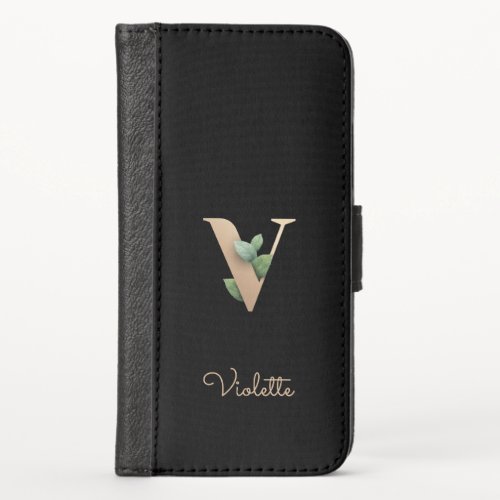 Elegant Botanical Monogram Gold Letter V iPhone X Wallet Case