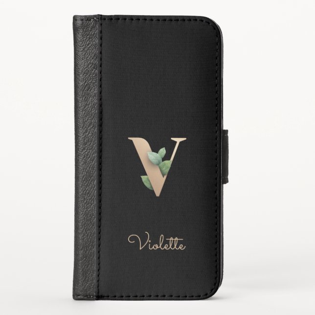 Elegant Botanical Monogram Gold Letter V iPhone Wallet Case (Front)