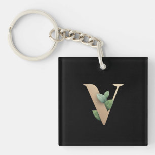 Elegant Botanical Monogram Gold Letter V Keychain