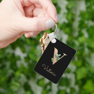 Elegant Botanical Monogram Gold Letter V Keychain