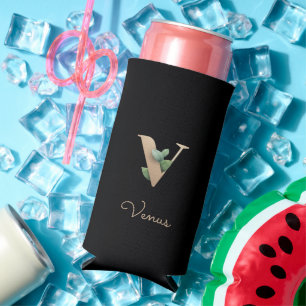 Elegant Botanical Monogram Gold Letter V Seltzer Can Cooler