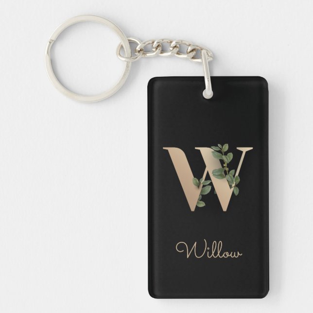 Elegant Botanical Monogram Gold Letter W Keychain (Front)