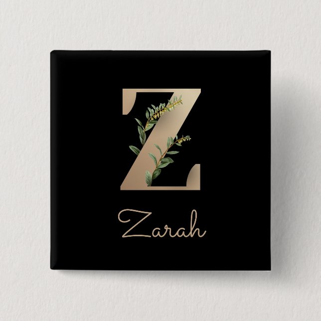 Elegant Botanical Monogram Gold Letter Z Button (Front)