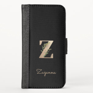 Elegant Botanical Monogram Gold Letter Z iPhone X Wallet Case