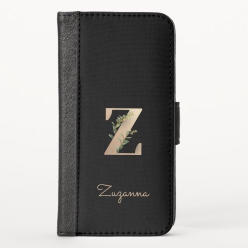 Elegant Botanical Monogram Gold Letter Z iPhone X Wallet Case