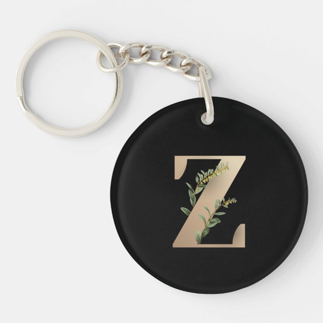 Elegant Botanical Monogram Gold Letter Z Keychain (Front)