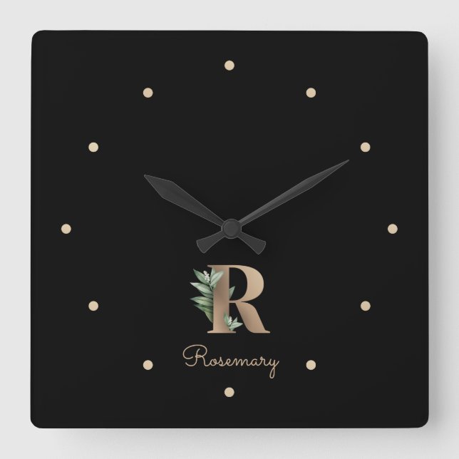 Elegant Botanical Monogram Letter R Square Wall Clock (Front)