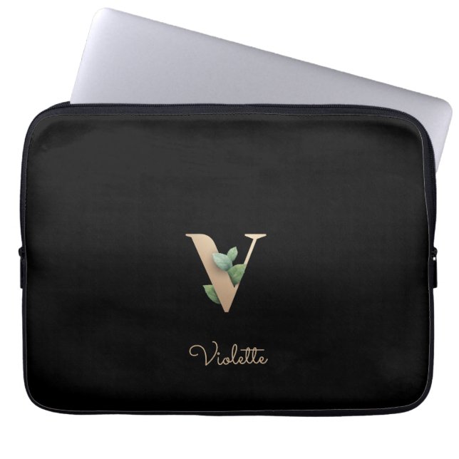 Elegant Botanical Monogram Letter V Laptop Sleeve (Front)
