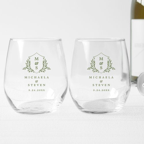 Elegant Botanical Monogram Names  Wedding Date Stemless Wine Glass