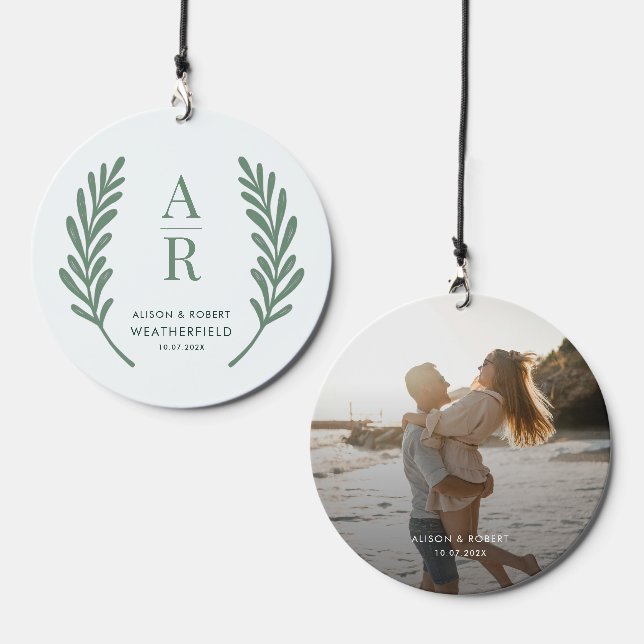 Elegant Botanical Monogram Newlyweds Photo Custom Wind Chime (Front & Back)