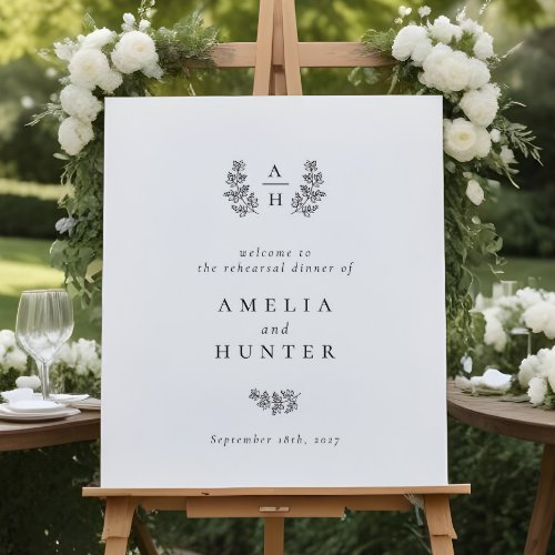 Elegant Botanical Monogram Rehearsal Dinner Sign