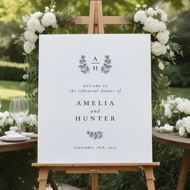 Elegant Botanical Monogram Rehearsal Dinner Sign (Creator Uploaded)